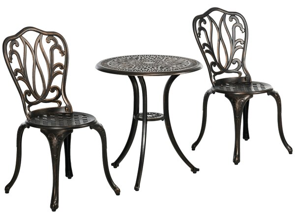 Outsunny Set da Giardino per 2 Persone, 2 Sedie e Tavolo Rotondo in Alluminio Pressofuso dal Fascino Retrò, Bronzo | Aosom Italy