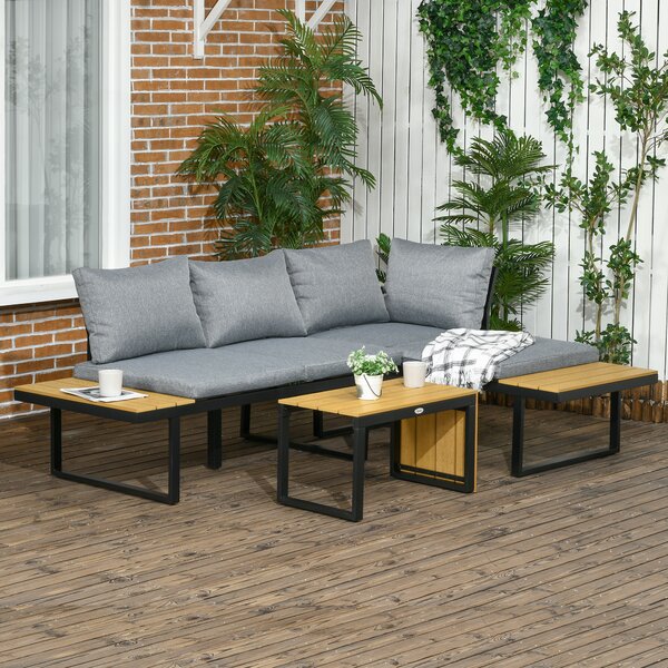 Outsunny Set Mobili da Giardino, Divano Angolare 2 Moduli con Tavolini e Tavolo in Plastica, Effetto Legno, per Terrazza, Grigio | Aosom Italy