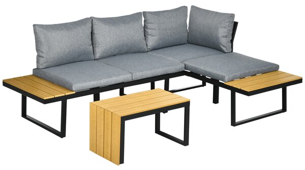 Outsunny Set Mobili da Giardino, Divano Angolare 2 Moduli con Tavolini e Tavolo in Plastica, Effetto Legno, per Terrazza, Grigio | Aosom Italy