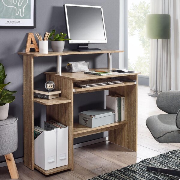 FineBuy Tavolo per computer Sonoma 94x90,5x48,5 cm Tavolo moderno per laptop con ripiano estraibile per tastiera Tavolo per PC con ripiano per stampante Tavolo salvaspazio Tavolo per laptop