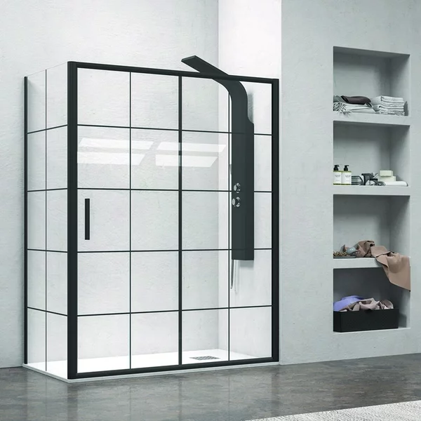 Cabina doccia 150x70 profili neri e vetro con riquadri neri NICO-D3000S - KAMALU