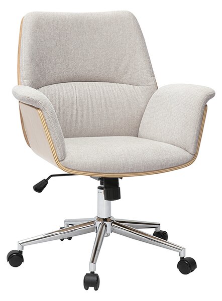 Sedia da ufficio con ruote in tessuto effetto velluto testurizzato beige, legno chiaro e metallo cromato HELIOS