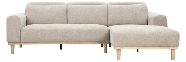 Divano angolare destro 3 posti con poggiatesta regolabili in tessuto effetto velluto testurizzato beige e legno chiaro HORACIO