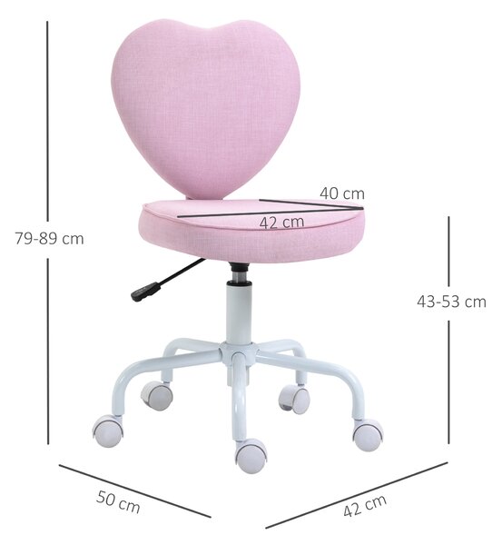 HOMCOM Sedia da Scrivania con Rotelle a Forma di Cuore, Altezza Regolabile, Senza Braccioli, Rosa|Aosom