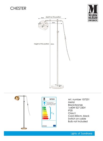 Lampada a stelo nera e bronzo Chester - Markslöjd