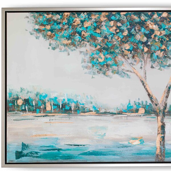 Quadro da parete, quadro con cornice PAESAGIO TURCHESE 120x80x1,6 cm orizzontale pannello in legno colore ARGENTO disegnato su tela a rilievo