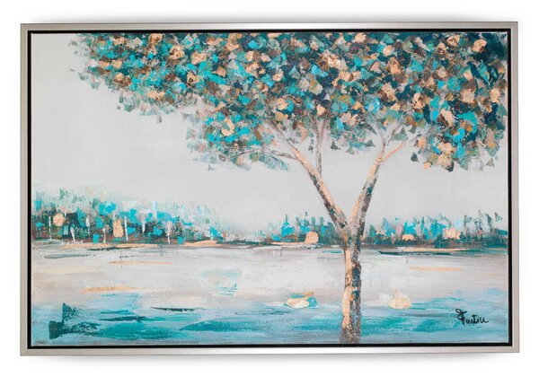 Quadro da parete, quadro con cornice PAESAGIO TURCHESE 120x80x1,6 cm orizzontale pannello in legno colore ARGENTO disegnato su tela a rilievo