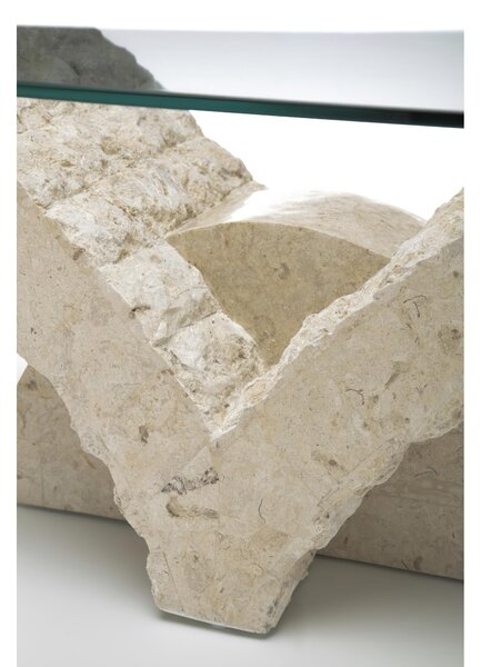 Tavolino Stone Decor E5 120x70xH40 cm, Vetro trasparente, Top in Vetro temperato filo lucido, Base in Pietra fossile white agata, Struttura Gambe in Compensato marino