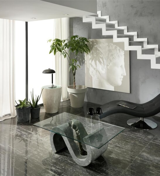 Tavolino Flexus Stone Decor E5 120x70xH36 cm, Vetro Trasparente, Gambe in Pietra Fossile Grigio, Top in Vetro Temperato