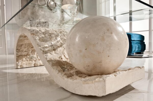 Tavolino Onda Linea Stone Decor E5, 120x70xH37 cm, Colore Vetro Trasparente, Gambe Base Beige, Materiale Top Vetro Temperato Filo Lucido, Gambe Base Pietra Fossile White Agata, Struttura Gambe Compensato Marino