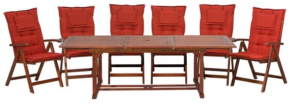 Set da pranzo da giardino Tavolo allungabile in legno acacia chiaro 6 sedie cuscini rossi Schienale regolabile pieghevole in stile rustico Beliani