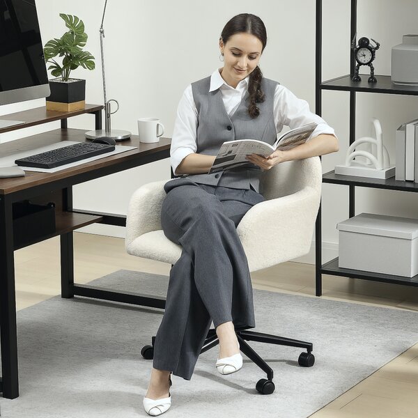 HOMCOM Sedia da Ufficio Girevole con Ruote, Sedia da Scrivania, Tessuto in Pile, Schiuma, Regolabile in Altezza, Home Office, Crema | Aosom Italy