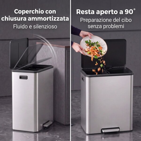 HOMCOM Pattumiera Cucina 2 x 30 L, Bidone a Pedale in Acciaio Inox con Secchi Estraibili e Coperchio Soft-Close, Argento | Aosom Italy