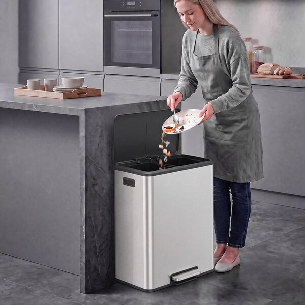 HOMCOM Pattumiera Cucina 2 x 30 L, Bidone a Pedale in Acciaio Inox con Secchi Estraibili e Coperchio Soft-Close, Argento | Aosom Italy