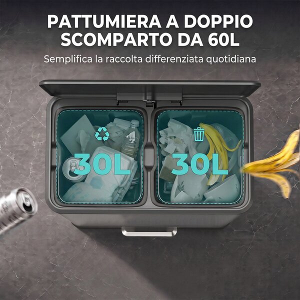 HOMCOM Pattumiera Cucina 2 x 30 L, Bidone a Pedale in Acciaio Inox con Secchi Estraibili e Coperchio Soft-Close, Argento | Aosom Italy