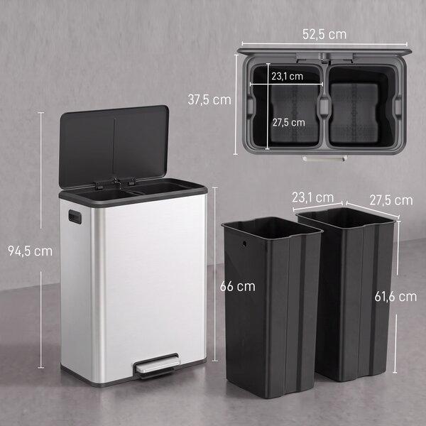 HOMCOM Pattumiera Cucina 2 x 30 L, Bidone a Pedale in Acciaio Inox con Secchi Estraibili e Coperchio Soft-Close, Argento | Aosom Italy