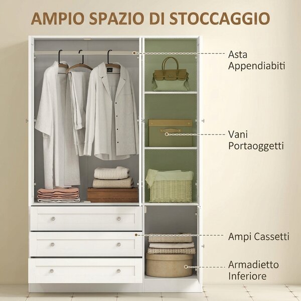 HOMCOM Armadio moderno con barra appendiabiti, 3 cassetti e ripiano regolabile, bianco | Aosom Italy