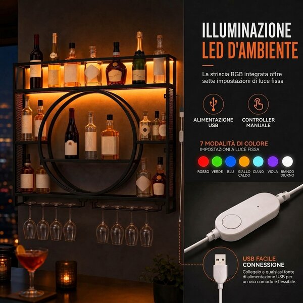 HOMCOM Portabottiglie Da Parete Con Luci LED, Portabicchieri E Ripiani, Nero | Aosom Italy
