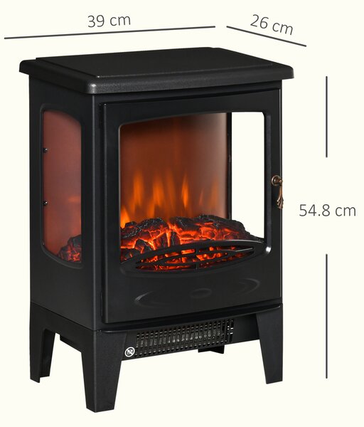 HOMCOM Camino Elettrico Effetto Fiamma e 3 Lati Aperti, Temperatura Regolabile 900W-1800W, Copertura 20-25m², 39x26x54.8cm, Nero