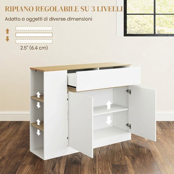 HOMCOM Credenza Cucina con 2 Ante, Ripiano Regolabile, 2 Cassetti, Mobile Cucina con 3 Scomparti Aperti, 106x30x81.2 cm, Bianco | Aosom Italy