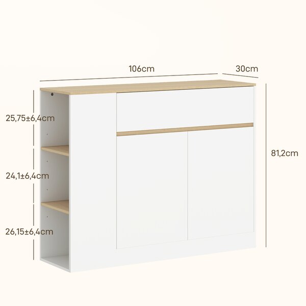 HOMCOM Credenza Cucina con 2 Ante, Ripiano Regolabile, 2 Cassetti, Mobile Cucina con 3 Scomparti Aperti, 106x30x81.2 cm, Bianco | Aosom Italy