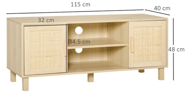 HOMCOM Mobile Porta TV con Vani Aperti e Ante in Rattan, Mobiletto per TV Fino 50'', 115x40x48cm, Colore Legno