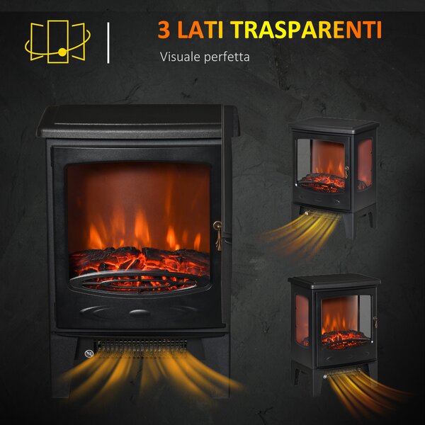 HOMCOM Camino Elettrico Effetto Fiamma e 3 Lati Aperti, Temperatura Regolabile 900W-1800W, Copertura 20-25m², 39x26x54.8cm, Nero
