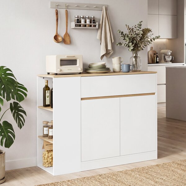 HOMCOM Credenza Cucina con 2 Ante, Ripiano Regolabile, 2 Cassetti, Mobile Cucina con 3 Scomparti Aperti, 106x30x81.2 cm, Bianco | Aosom Italy