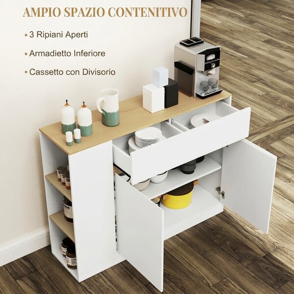 HOMCOM Credenza Cucina con 2 Ante, Ripiano Regolabile, 2 Cassetti, Mobile Cucina con 3 Scomparti Aperti, 106x30x81.2 cm, Bianco | Aosom Italy