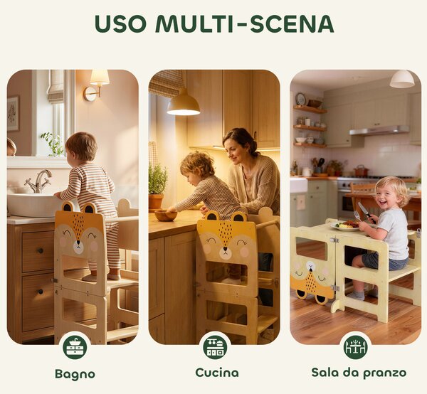 AIYAPLAY Torre Montessoriana per Bambini 2-5 Anni con Lavagna e Tavolino, in Legno, 57x39x93 cm, color Legno | Aosom Italy