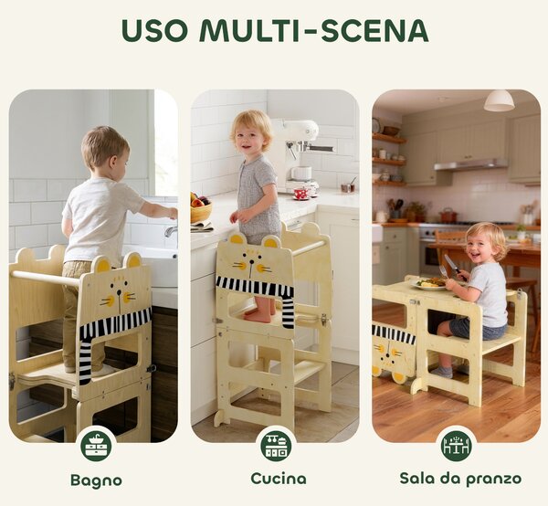 AIYAPLAY Torre Montessoriana Bambini 3 in 1 Pieghevole con Lavagna, Tavolo Sedia, Forma a Gatto, 2-5 Anni, Cucina | Aosom Italy