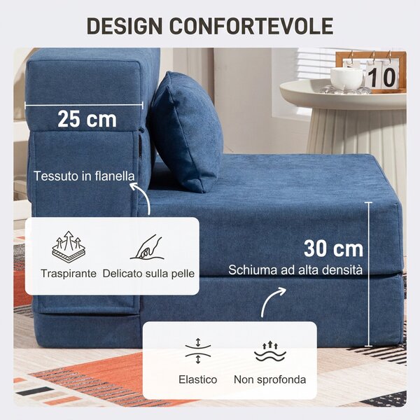 HOMCOM Poltrona Letto Pieghevole Convertibile in Chaise Longue e Materasso, 80x80x64 cm, Blu Scuro | Aosom Italy