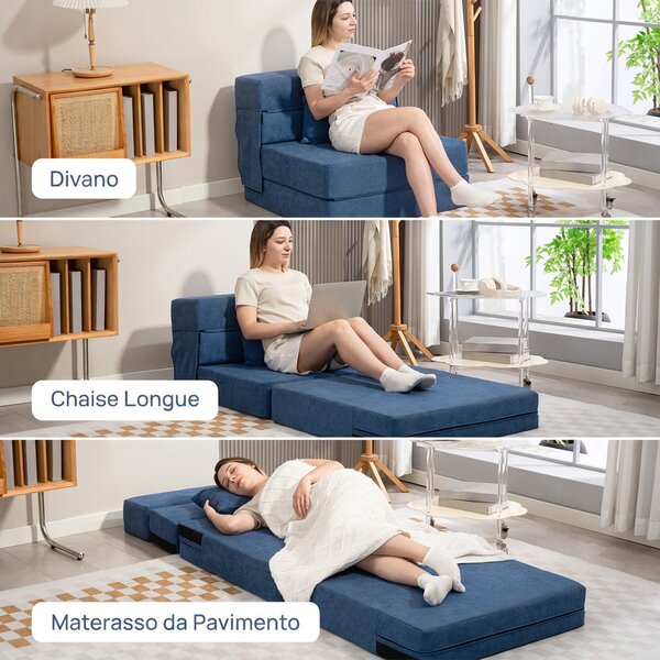 HOMCOM Poltrona Letto Pieghevole Convertibile in Chaise Longue e Materasso, 80x80x64 cm, Blu Scuro | Aosom Italy