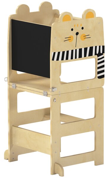 AIYAPLAY Torre Montessoriana Bambini 3 in 1 Pieghevole con Lavagna, Tavolo Sedia, Forma a Gatto, 2-5 Anni, Cucina | Aosom Italy