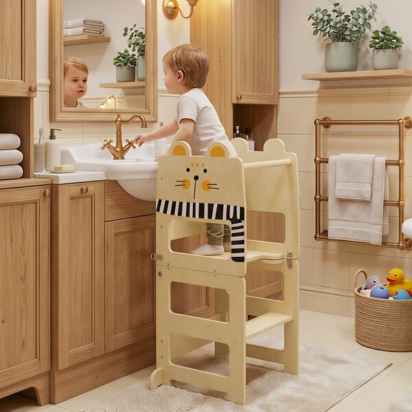 AIYAPLAY Torre Montessoriana Bambini 3 in 1 Pieghevole con Lavagna, Tavolo Sedia, Forma a Gatto, 2-5 Anni, Cucina | Aosom Italy