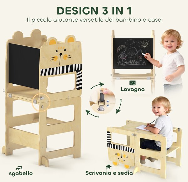 AIYAPLAY Torre Montessoriana Bambini 3 in 1 Pieghevole con Lavagna, Tavolo Sedia, Forma a Gatto, 2-5 Anni, Cucina | Aosom Italy