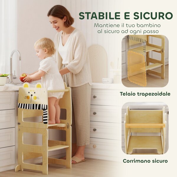 AIYAPLAY Torre Montessoriana Bambini 3 in 1 Pieghevole con Lavagna, Tavolo Sedia, Forma a Gatto, 2-5 Anni, Cucina | Aosom Italy