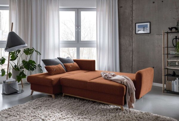 Divano letto angolare arancio mattone, angolo sinistro Scandic Lagom - Miuform