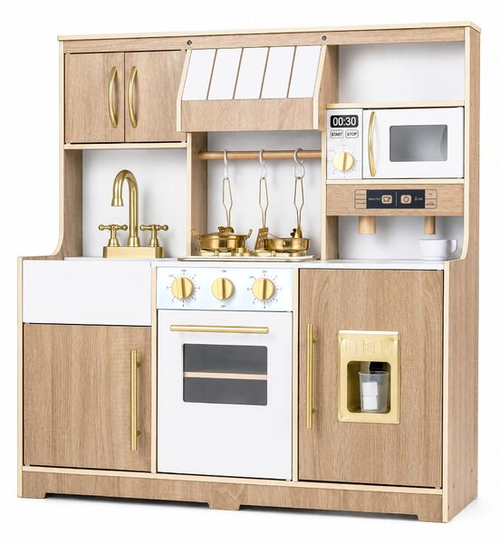 Costway Cucina giocattolo per bambini con luci e suoni 3+ anni, Cucinetta in legno con fornello forno microonde lavello e rubinetto