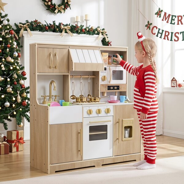 Costway Cucina giocattolo per bambini con luci e suoni 3+ anni, Cucinetta in legno con fornello forno microonde lavello e rubinetto