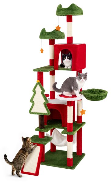 Costway Albero per gatti da interno a tema natalizio, Tiragraffi per gatti con 2 posatoi 6 piattaforme di salto 2 cucce palo avvolto in sisal e base ampia
