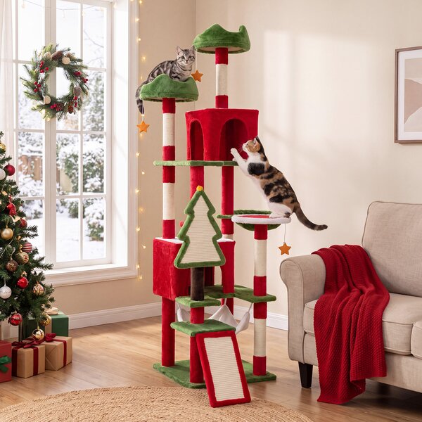 Costway Albero per gatti da interno a tema natalizio, Tiragraffi per gatti con 2 posatoi 6 piattaforme di salto 2 cucce palo avvolto in sisal e base ampia