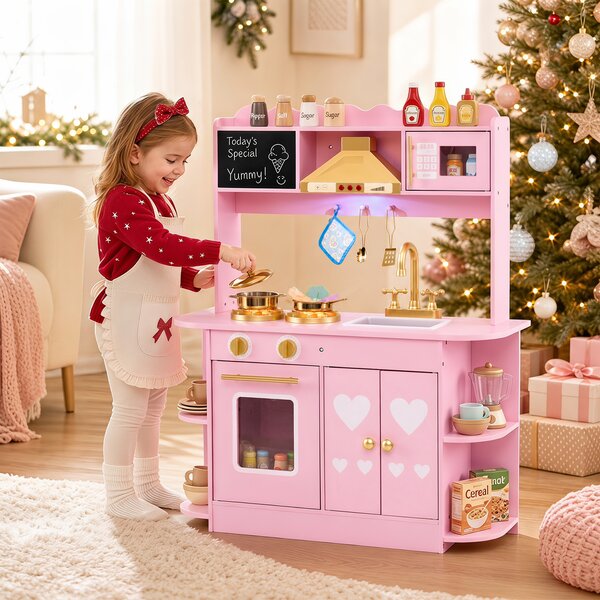 Costway Cucina giocattolo per bambini in legno con suoni e luci, Cucina giocattolo ripiani e armadietti per bambini 3+ anni