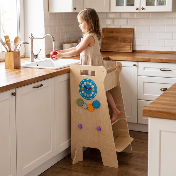 Costway 4 in 1 torre montessoriana per bambini con lavagna e scivolo scala sgabello da cucina in legno, Torretta di apprendimento per bambini 3+ anni