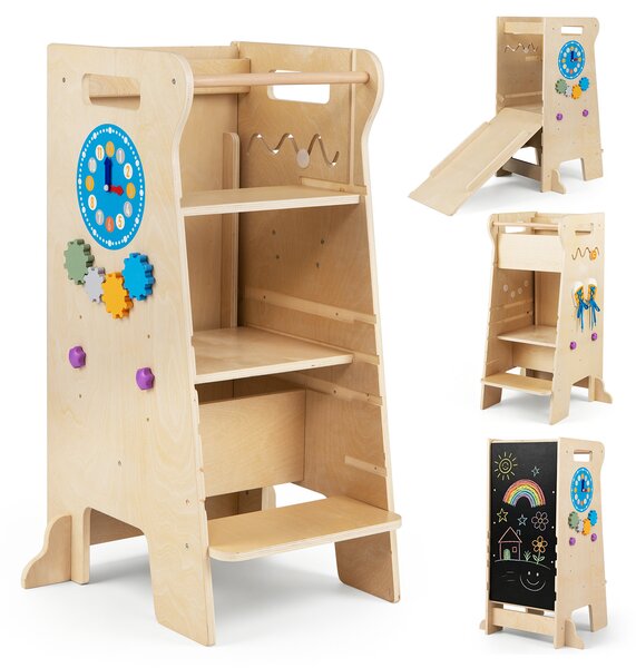 Costway 4 in 1 torre montessoriana per bambini con lavagna e scivolo scala sgabello da cucina in legno, Torretta di apprendimento per bambini 3+ anni