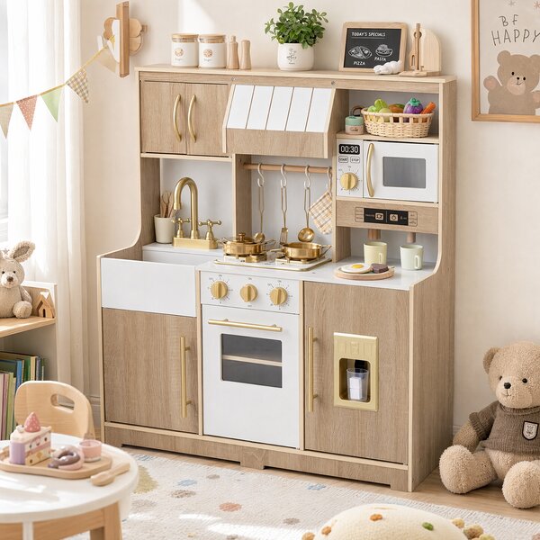 Costway Cucina giocattolo per bambini con luci e suoni 3+ anni, Cucinetta in legno con fornello forno microonde lavello e rubinetto