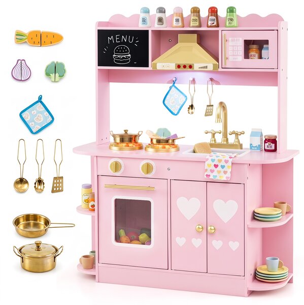 Costway Cucina giocattolo per bambini in legno con suoni e luci, Cucina giocattolo ripiani e armadietti per bambini 3+ anni