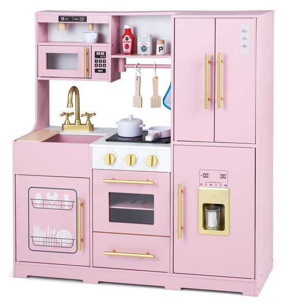 Costway Cucina giocattolo con luci e suoni per bambini 3+ anni gioco interattivo in legno, Cucinetta montessori con accessori Rosa