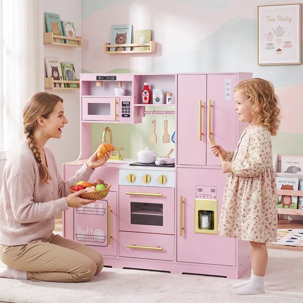 Costway Cucina giocattolo con luci e suoni per bambini 3+ anni gioco interattivo in legno, Cucinetta montessori con accessori Rosa