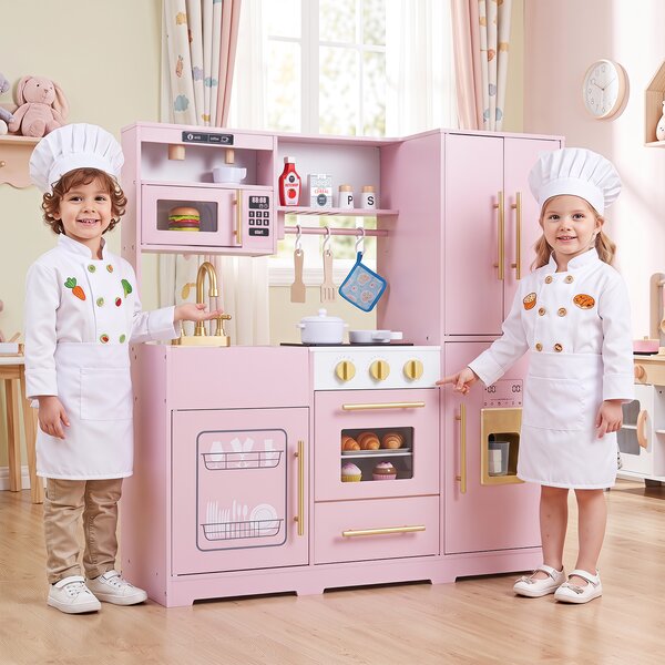 Costway Cucina giocattolo con luci e suoni per bambini 3+ anni gioco interattivo in legno, Cucinetta montessori con accessori Rosa